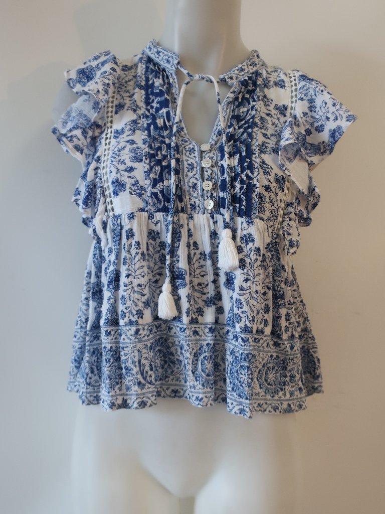 Womens Sea New York Blue, White Floral Ruffle & Crochet Trim Top 0
